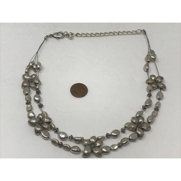 CHICO'S Necklace Silver Tone Beads Flower Floral Embossed Floating - Picture 1 of 12